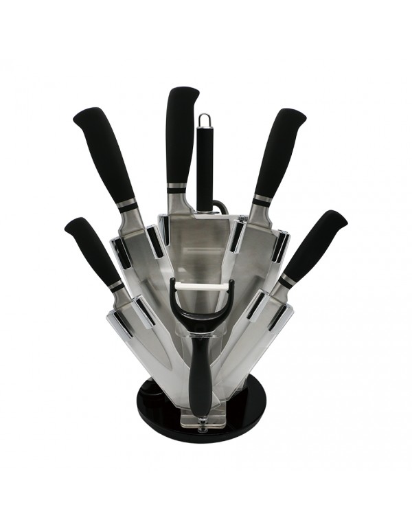 Stainless Steel Home Kitchen Tool Hollow Handle Knife Set With Stand Strip Handle RL-KF043